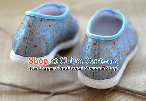 China Traditional Hanfu Shoes Blue Brocade Shoes National Women Cloth Shoes