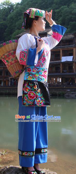 Chinese Xiangxi Hmong Ethnic Folk Dance Costumes Miao Nationality Female Informal Clothing and Hat