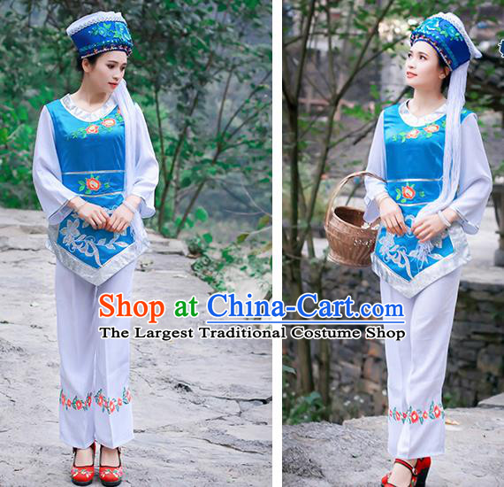Chinese Bai Nationality Young Lady Clothing Ethnic Folk Dance Costumes Blue Outfits and Hat