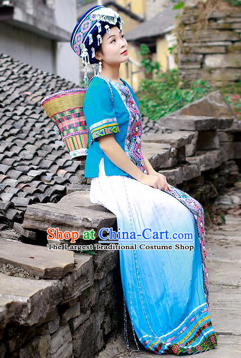 Chinese Ethnic Folk Dance Blue Dress Outfits Tujia Nationality Young Woman Clothing and Headwear