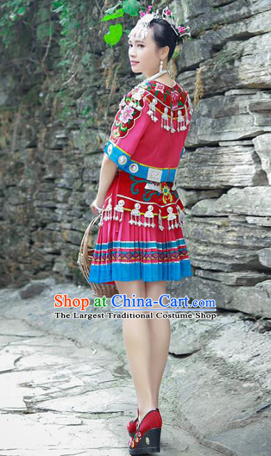 Chinese Hmong Ethnic Folk Dance Red Dress Outfits Miao Nationality Young Woman Clothing and Headpieces