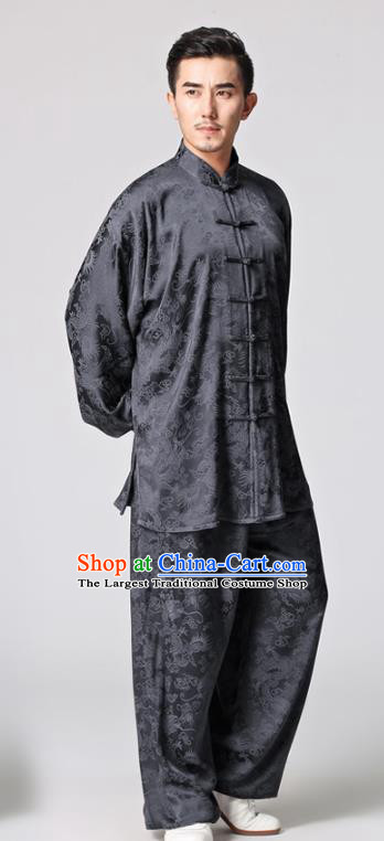 Chinese Kung Fu Uniforms Traditional Dragon Pattern Deep Grey Silk Costumes for Men