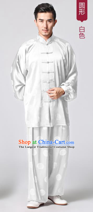 Chinese Tai Chi Martial Arts White Silk Uniforms Traditional Kung Fu Circle Pattern Costumes