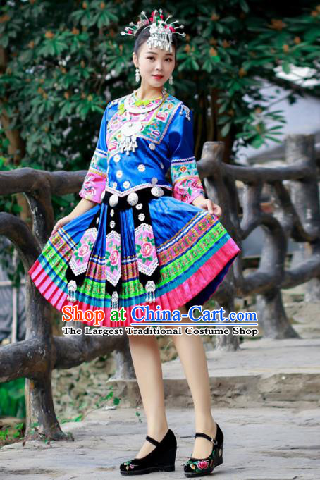 Chinese Miao Nationality Folk Dance Clothing Xiangxi Hmong Ethnic Woman Royalblue Outfits and Headdress