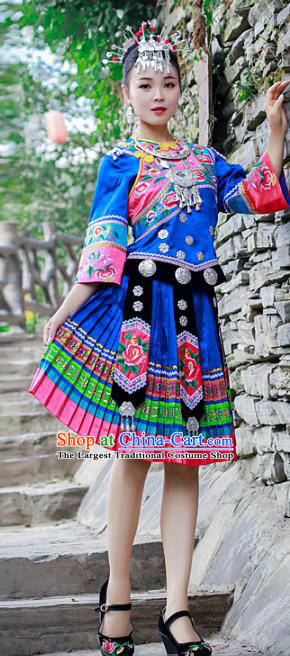 Chinese Miao Nationality Folk Dance Clothing Xiangxi Hmong Ethnic Woman Royalblue Outfits and Headdress
