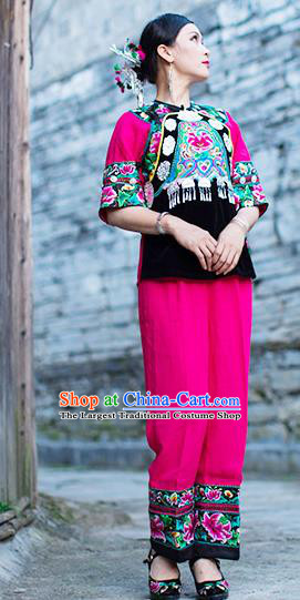 Chinese Miao Nationality Clothing Xiangxi Hmong Ethnic Woman Informal Rosy Outfits and Hair Accessories