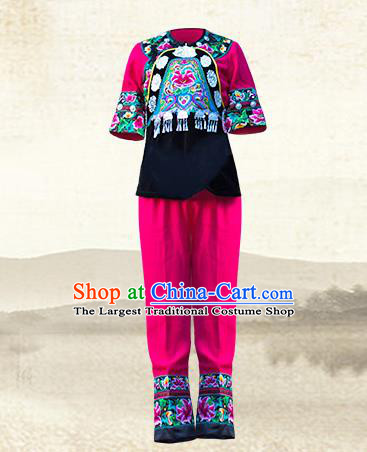 Chinese Miao Nationality Clothing Xiangxi Hmong Ethnic Woman Informal Rosy Outfits and Hair Accessories