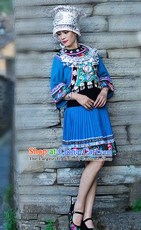 Chinese Miao Nationality Folk Dance Clothing Xiangxi Hmong Ethnic Woman Blue Outfits and Silver Headdress