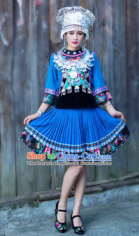 Chinese Miao Nationality Folk Dance Clothing Xiangxi Hmong Ethnic Woman Blue Outfits and Silver Headress