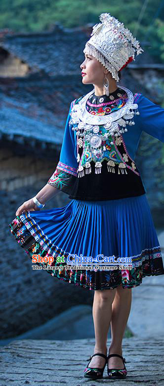 Chinese Miao Nationality Folk Dance Clothing Xiangxi Hmong Ethnic Woman Blue Outfits and Silver Headress