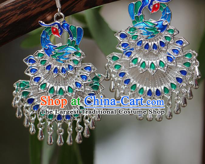 China Traditional Miao Nationality Bride Silver Earrings Hmong Stage Show Cloisonne Peacock Ear Accessories