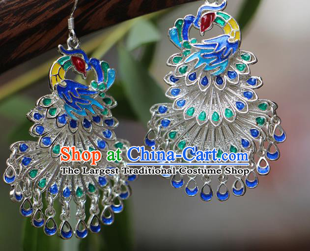 China Traditional Miao Nationality Bride Silver Earrings Hmong Stage Show Cloisonne Peacock Ear Accessories