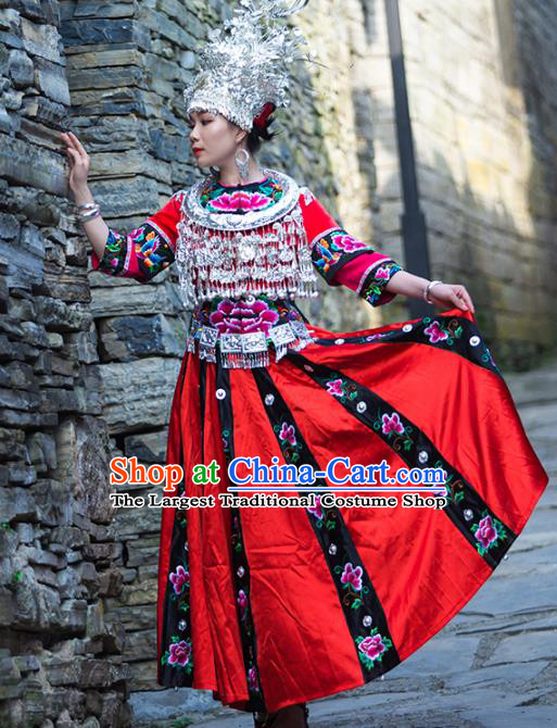 Chinese Miao Nationality Stage Performance Clothing Xiangxi Hmong Ethnic Bride Red Outfits and Silver Headwear