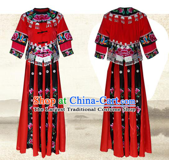 Chinese Miao Nationality Stage Performance Clothing Xiangxi Hmong Ethnic Bride Red Outfits and Silver Headwear
