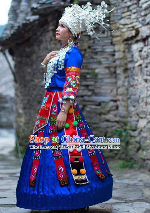 Chinese Miao Nationality Wedding Clothing Xiangxi Hmong Ethnic Bride Royalblue Outfits and Silver Hat