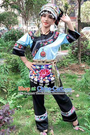 Chinese Ethnic Woman Informal Outfits Costumes Yi Nationality Dress Stage Show Clothing and Hat