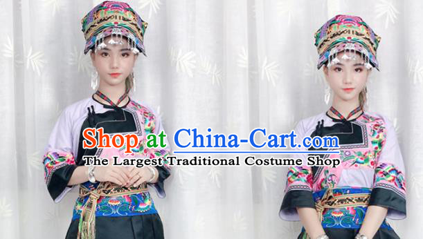 Chinese Yi Nationality Dress Stage Show Clothing Ethnic Woman Informal Pink Outfits Costumes and Headwear