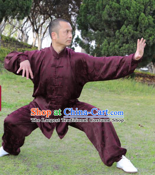 Chinese Traditional Oracle Pattern Purple Silk Uniforms Men Clothing Tai Chi Kung Fu Costumes