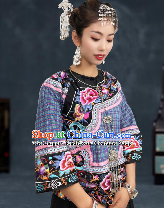 Chinese Miao Nationality Dress Minority Stage Show Clothing Hmong Ethnic Woman Folk Dance Costume and Hair Accessories