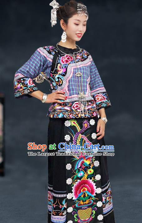 Chinese Miao Nationality Dress Minority Stage Show Clothing Hmong Ethnic Woman Folk Dance Costume and Hair Accessories