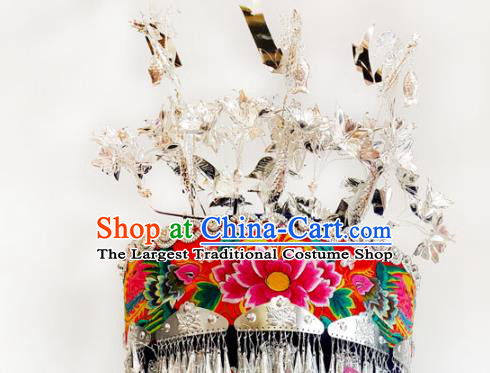 China Sichuan Ethnic Minority Silver Phoenix Coronet Traditional Miao Nationality Folk Dance Embroidered Hat