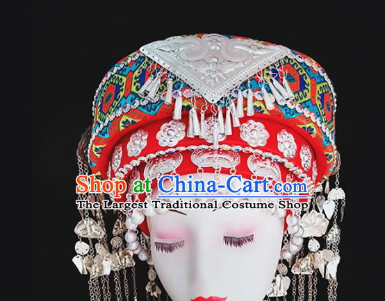 China Hmong Ethnic Minority Wedding Headwear Traditional Miao Nationality Folk Dance Embroidered Red Hat