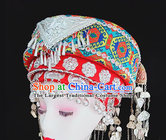 China Hmong Ethnic Minority Wedding Headwear Traditional Miao Nationality Folk Dance Embroidered Red Hat