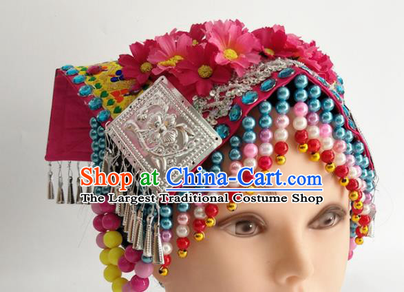 China Xiangxi Ethnic Minority Woman Headwear Traditional Yi Nationality Folk Dance Beads Tassel Hat