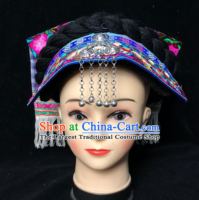 China Ethnic Minority Folk Dance Silver Bells Tassel Headwear Traditional Yi Nationality Embroidered Hat