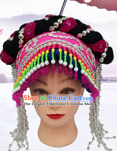 China Bouyei Ethnic Minority Folk Dance Headwear Traditional Yi Nationality Silver Tassel Rosy Hat