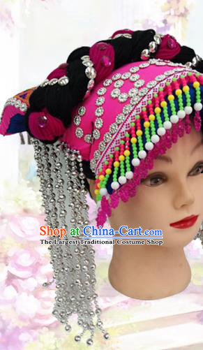 China Bouyei Ethnic Minority Folk Dance Headwear Traditional Yi Nationality Silver Tassel Rosy Hat