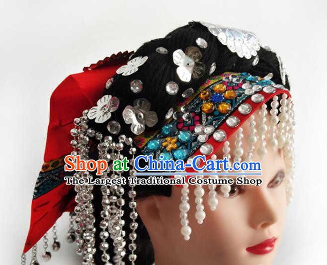 China Yi Ethnic Folk Dance Headwear Traditional Nationality Minority Beads Tassel Hat