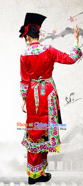 Chinese Qiang Nationality Female Informal Clothing Xiangxi Ethnic Folk Dance Red Outfits and Headwear
