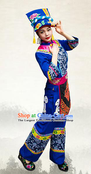 Chinese Xiangxi Ethnic Folk Dance Royalblue Outfits Qiang Nationality Female Informal Clothing and Hat