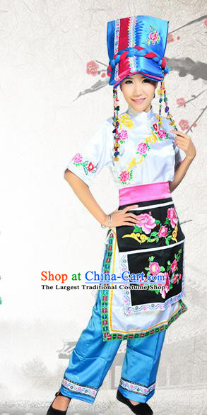 Chinese Qiang Nationality Young Lady Informal Clothing Ethnic Folk Dance White Outfits and Hat
