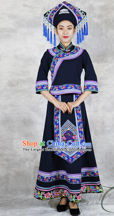 Chinese Zhuang Minority Informal Clothing Nationality Woman Black Dress Outfits Ethnic Folk Dance Costume and Headwear