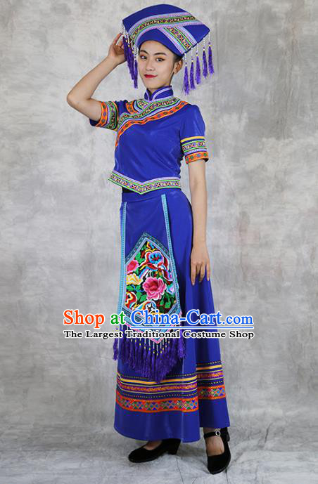 Chinese Ethnic Folk Dance Costume Zhuang Minority Informal Clothing Nationality Woman Royalblue Dress Outfits and Headwear
