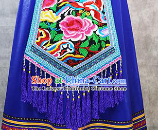 Chinese Ethnic Folk Dance Costume Zhuang Minority Informal Clothing Nationality Woman Royalblue Dress Outfits and Headwear