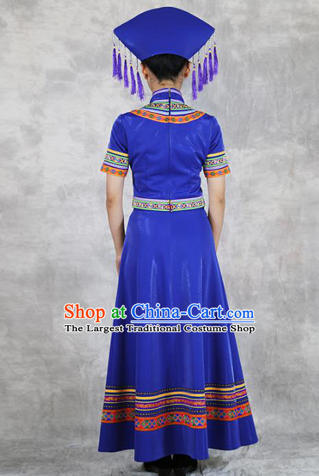 Chinese Ethnic Folk Dance Costume Zhuang Minority Informal Clothing Nationality Woman Royalblue Dress Outfits and Headwear