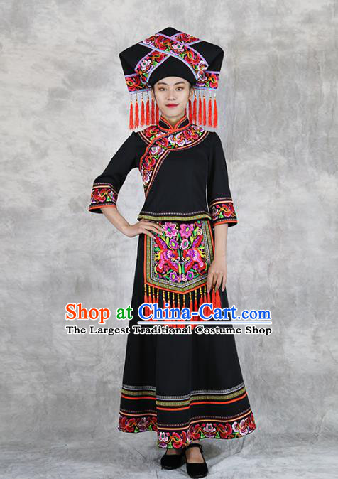 Chinese Nationality Woman Black Dress Outfits Ethnic Folk Dance Costume Zhuang Minority Informal Clothing and Hat