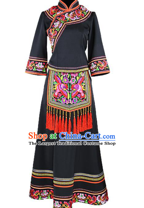 Chinese Nationality Woman Black Dress Outfits Ethnic Folk Dance Costume Zhuang Minority Informal Clothing and Hat
