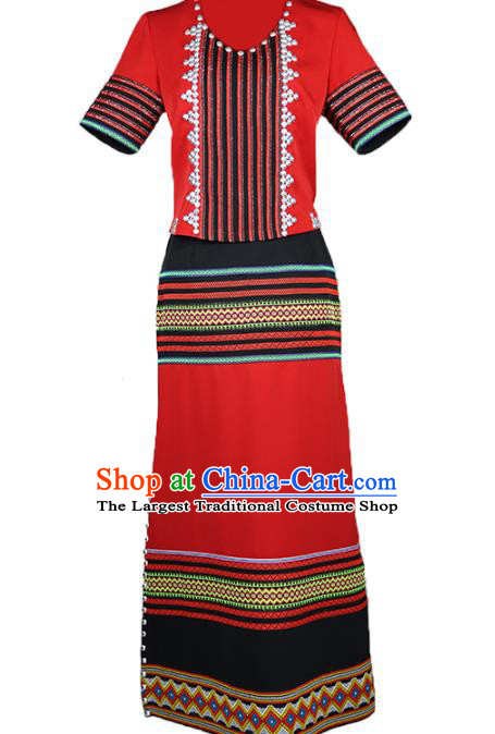 Chinese Wa Minority Informal Clothing Yunnan Nationality Woman Red Dress Outfits Ethnic Folk Dance Costume