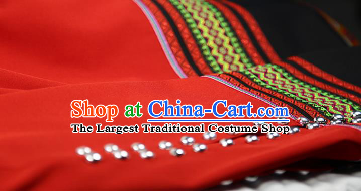 Chinese Wa Minority Informal Clothing Yunnan Nationality Woman Red Dress Outfits Ethnic Folk Dance Costume