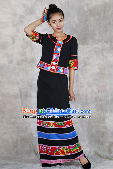 Chinese Ethnic Woman Costume Lahu Minority Informal Clothing Yunnan Nationality Black Dress Outfits