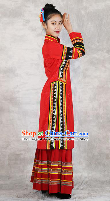 Chinese Lahu Nationality Bride Red Dress Outfits Yunnan Ethnic Woman Costume Yunnan Minority Clothing