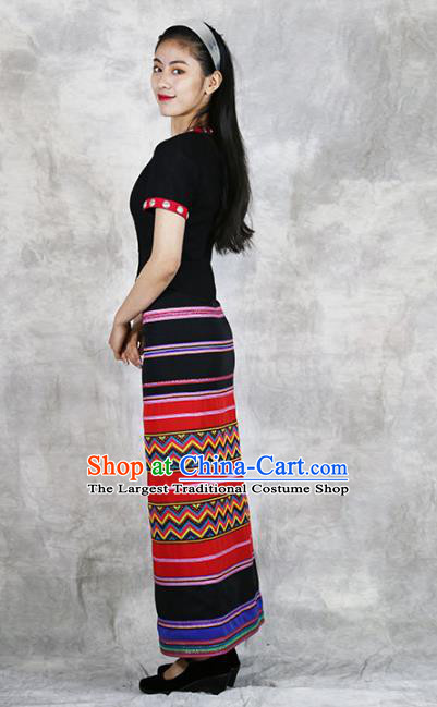 Chinese Yunnan Minority Clothing Wa Nationality Black Dress Outfits Yunnan Ethnic Woman Informal Costume
