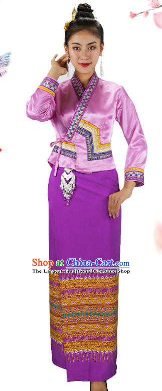 Chinese Yunnan Ethnic Woman Informal Costume Yunnan Minority Clothing Dai Nationality Purple Dress Outfits