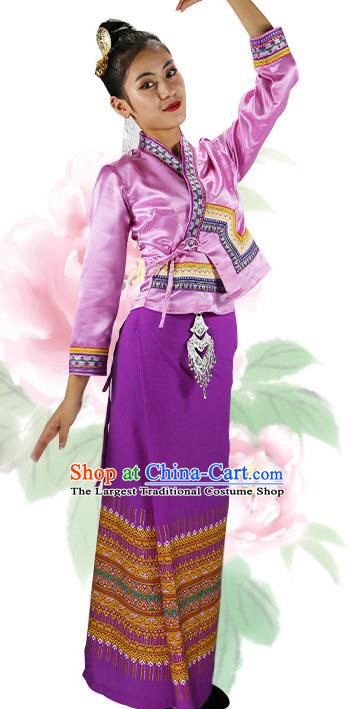 Chinese Yunnan Ethnic Woman Informal Costume Yunnan Minority Clothing Dai Nationality Purple Dress Outfits