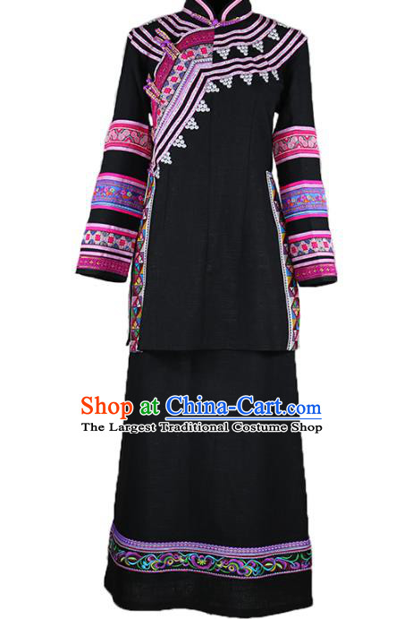 Chinese Lahu Minority Black Outfits Clothing Yunnan Ethnic Woman Informal Costume Nationality Folk Dance Dress