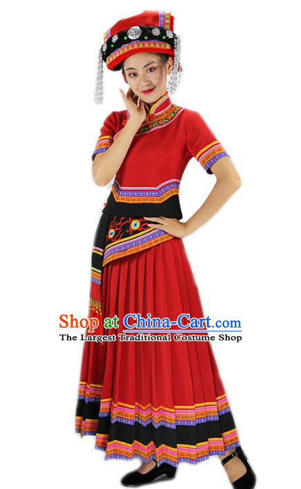 Chinese Yi Minority Red Outfits Clothing Ethnic Folk Dance Costume Nationality Woman Wedding Dress